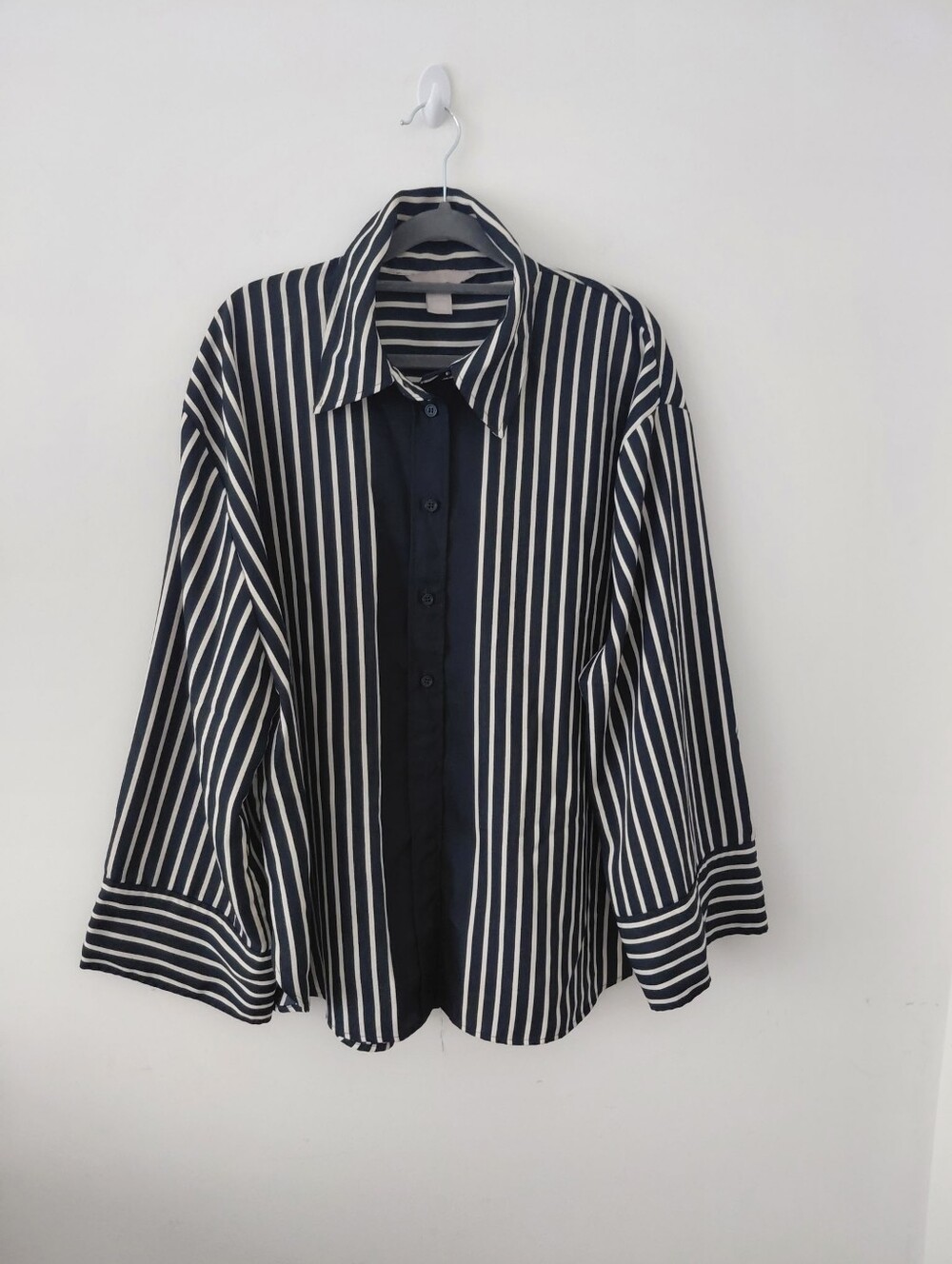 Striped Navy and Cream Oversized Button-Up Shirt